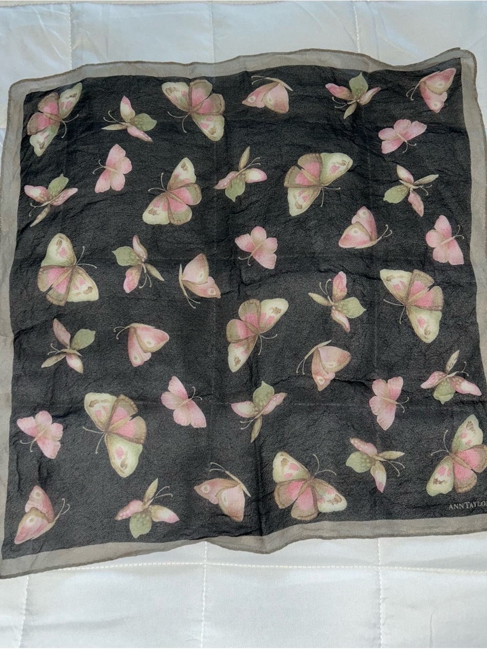 Ann Taylor Black Silk Scarf with Pink & Green Butterflies